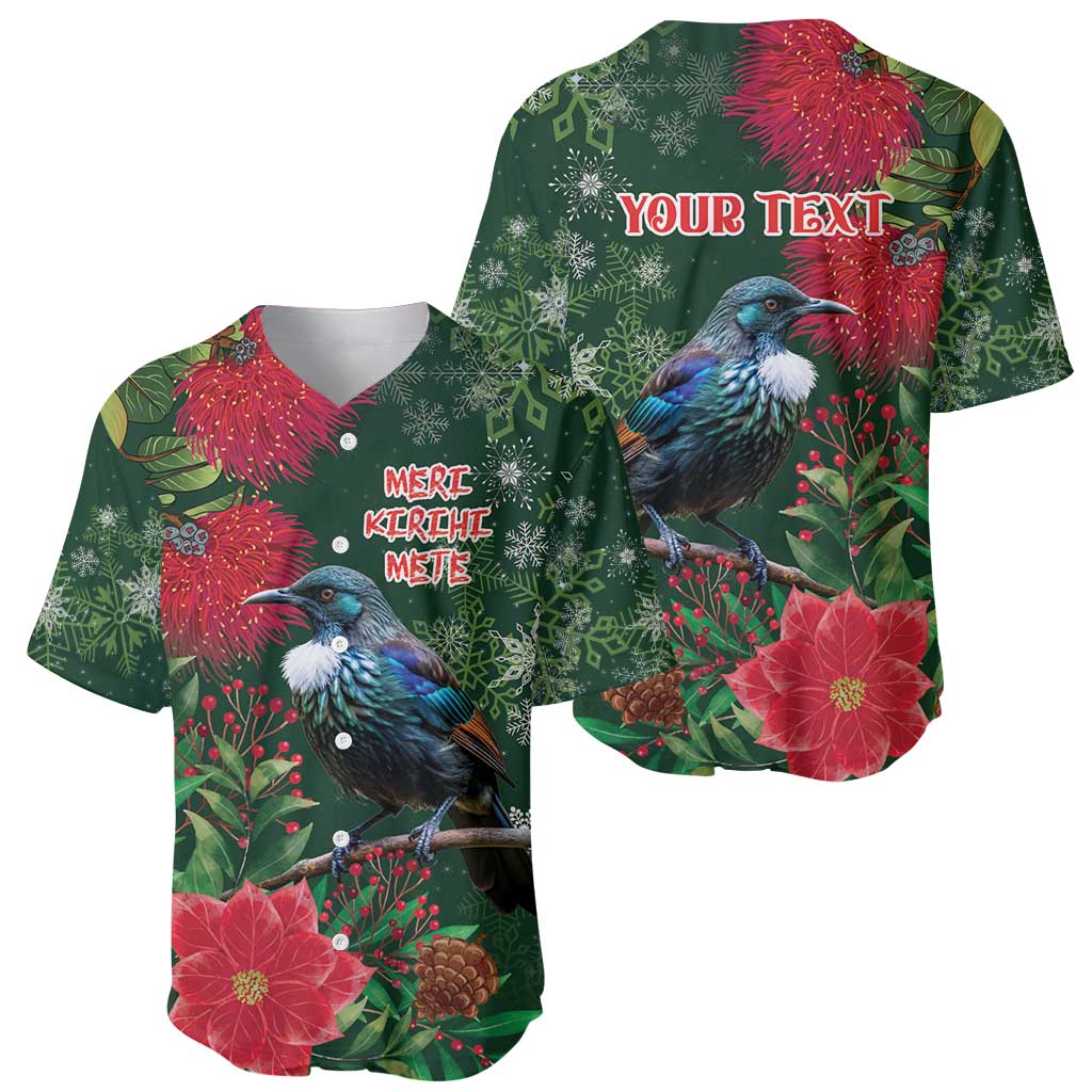 Tui Meri Kirihimete Personalised Baseball Jersey Pohutukawa Flowers Green Motif - Aussie Hoodie