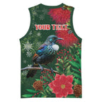 Tui Meri Kirihimete Personalised Basketball Jersey Pohutukawa Flowers Green Motif - Aussie Hoodie