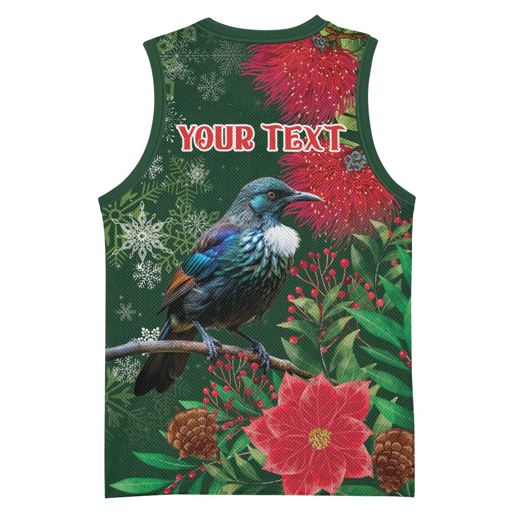 Tui Meri Kirihimete Personalised Basketball Jersey Pohutukawa Flowers Green Motif - Aussie Hoodie