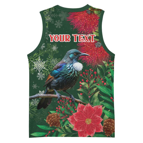 Tui Meri Kirihimete Personalised Basketball Jersey Pohutukawa Flowers Green Motif - Aussie Hoodie