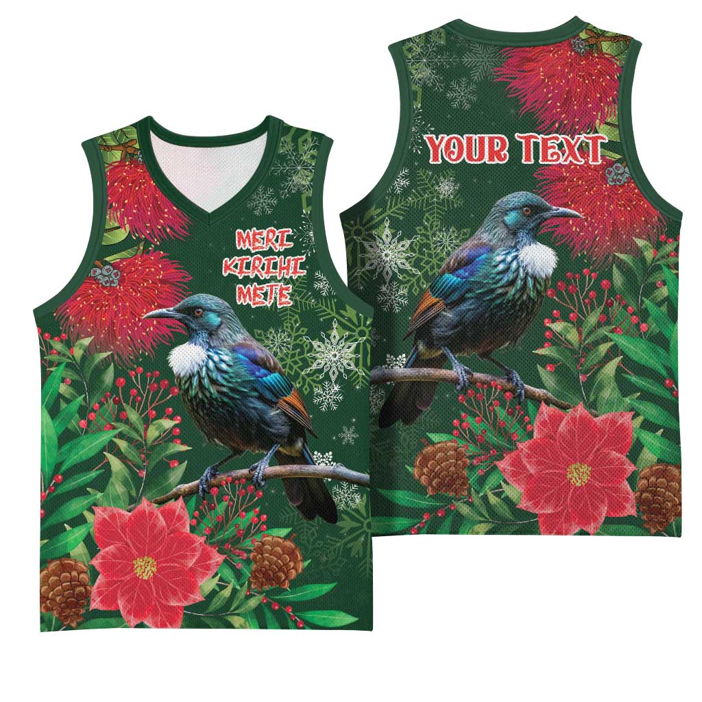 Tui Meri Kirihimete Personalised Basketball Jersey Pohutukawa Flowers Green Motif - Aussie Hoodie