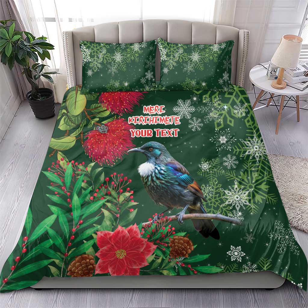 Tui Meri Kirihimete Personalised Bedding Set Pohutukawa Flowers Green Motif - Aussie Hoodie