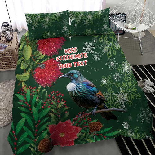 Tui Meri Kirihimete Personalised Bedding Set Pohutukawa Flowers Green Motif - Aussie Hoodie