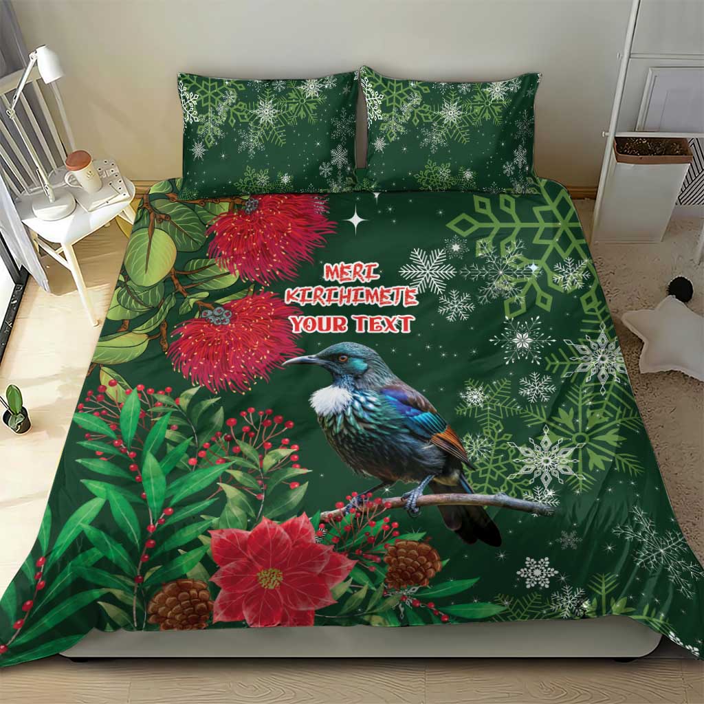 Tui Meri Kirihimete Personalised Bedding Set Pohutukawa Flowers Green Motif - Aussie Hoodie