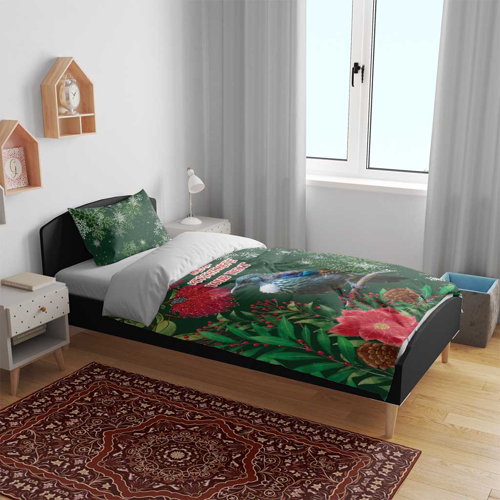 Tui Meri Kirihimete Personalised Bedding Set Pohutukawa Flowers Green Motif - Aussie Hoodie
