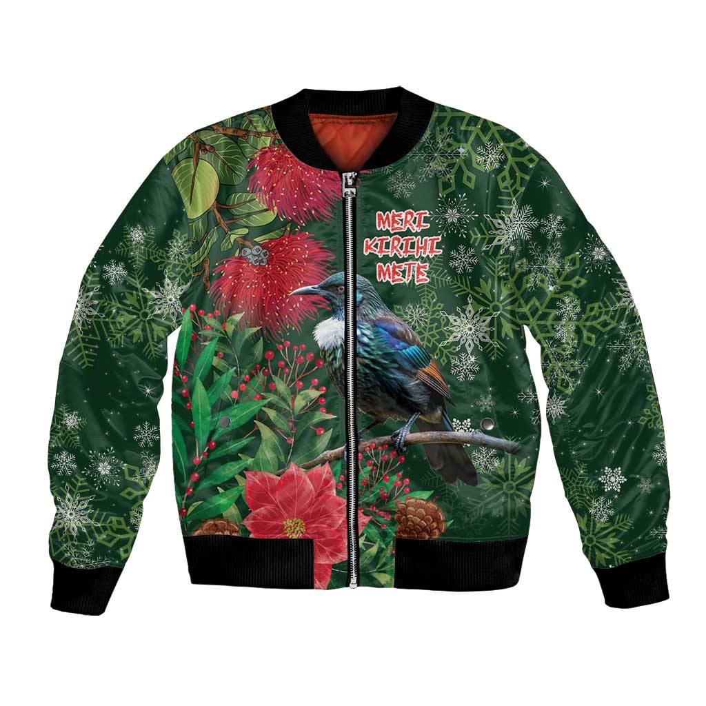 Tui Meri Kirihimete Personalised Bomber Jacket Pohutukawa Flowers Green Motif - Aussie Hoodie