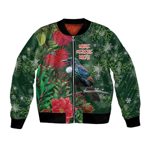 Tui Meri Kirihimete Personalised Bomber Jacket Pohutukawa Flowers Green Motif - Aussie Hoodie