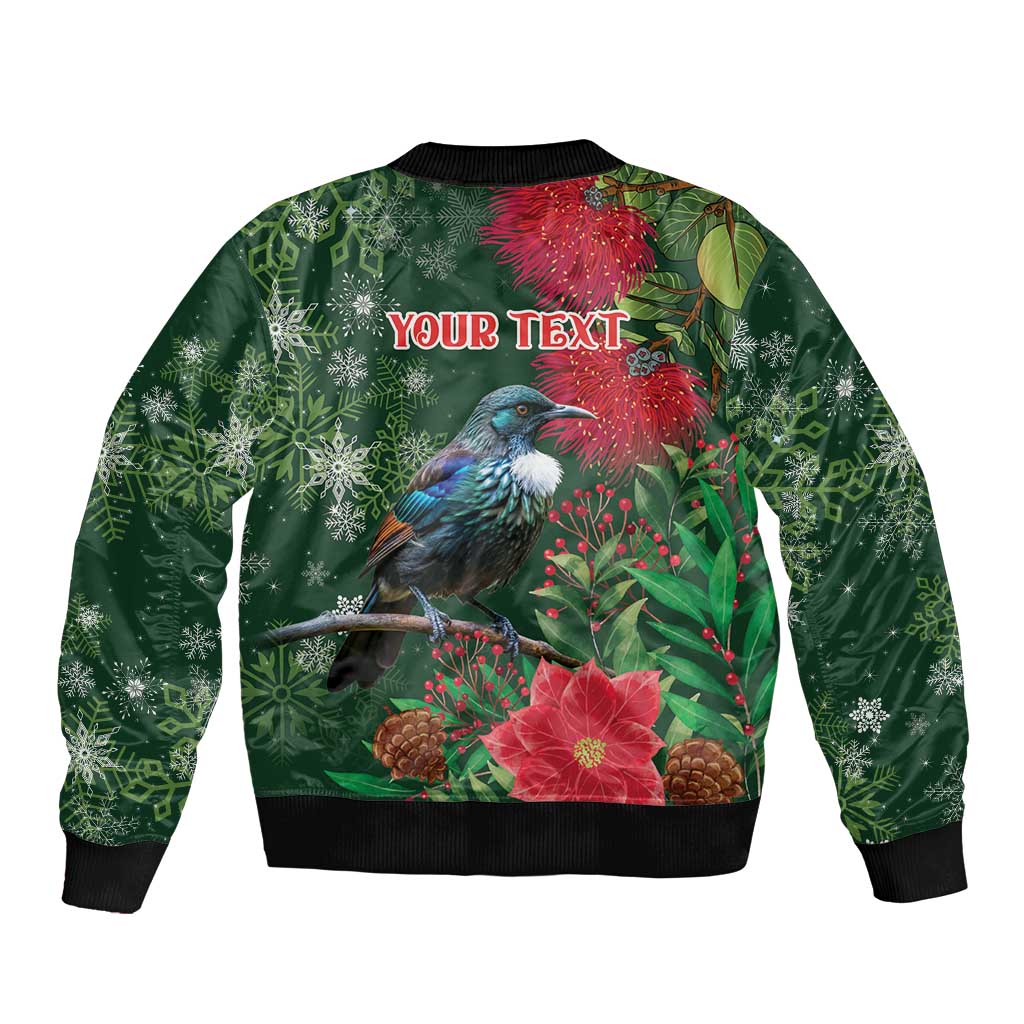 Tui Meri Kirihimete Personalised Bomber Jacket Pohutukawa Flowers Green Motif - Aussie Hoodie