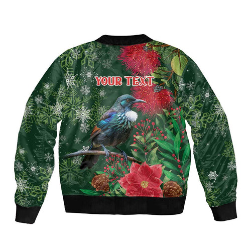 Tui Meri Kirihimete Personalised Bomber Jacket Pohutukawa Flowers Green Motif - Aussie Hoodie