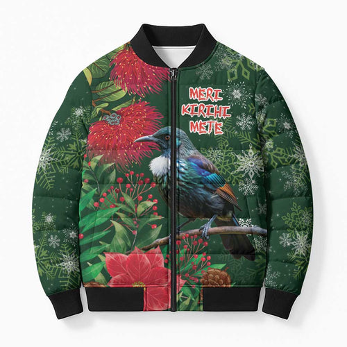Tui Meri Kirihimete Personalised Bomber Puffer Jacket Pohutukawa Flowers Green Motif - Aussie Hoodie