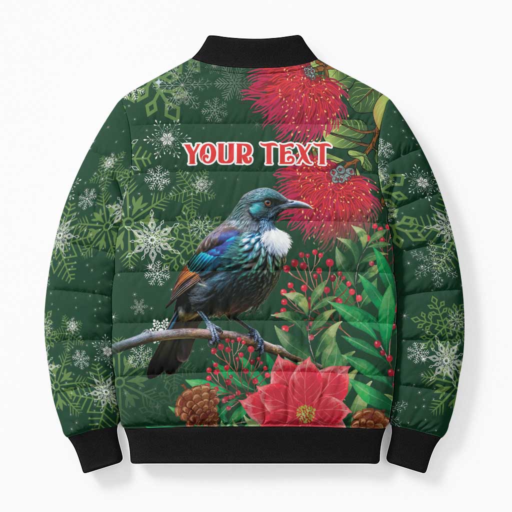 Tui Meri Kirihimete Personalised Bomber Puffer Jacket Pohutukawa Flowers Green Motif - Aussie Hoodie