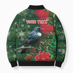 Tui Meri Kirihimete Personalised Bomber Puffer Jacket Pohutukawa Flowers Green Motif - Aussie Hoodie