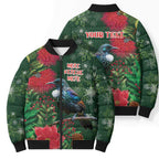 Tui Meri Kirihimete Personalised Bomber Puffer Jacket Pohutukawa Flowers Green Motif - Aussie Hoodie