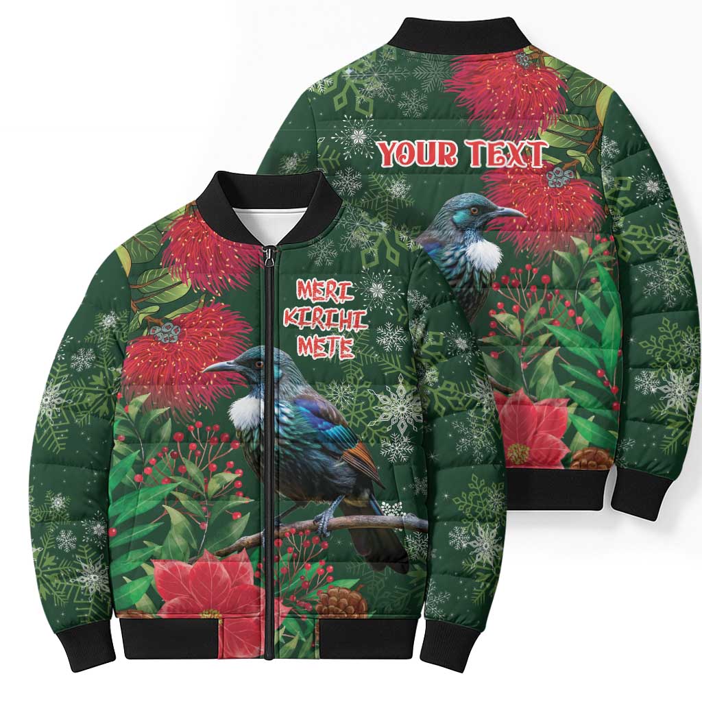 Tui Meri Kirihimete Personalised Bomber Puffer Jacket Pohutukawa Flowers Green Motif - Aussie Hoodie