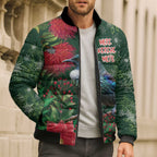 Tui Meri Kirihimete Personalised Bomber Puffer Jacket Pohutukawa Flowers Green Motif - Aussie Hoodie
