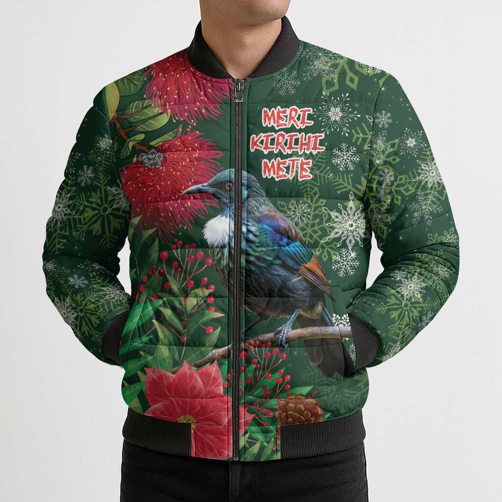 Tui Meri Kirihimete Personalised Bomber Puffer Jacket Pohutukawa Flowers Green Motif - Aussie Hoodie