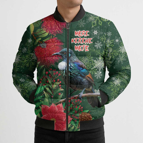 Tui Meri Kirihimete Personalised Bomber Puffer Jacket Pohutukawa Flowers Green Motif - Aussie Hoodie