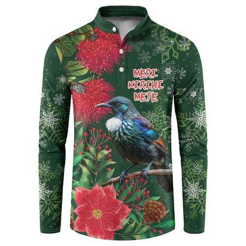 Tui Meri Kirihimete Personalised Button Sweatshirt Pohutukawa Flowers Green Motif - Aussie Hoodie