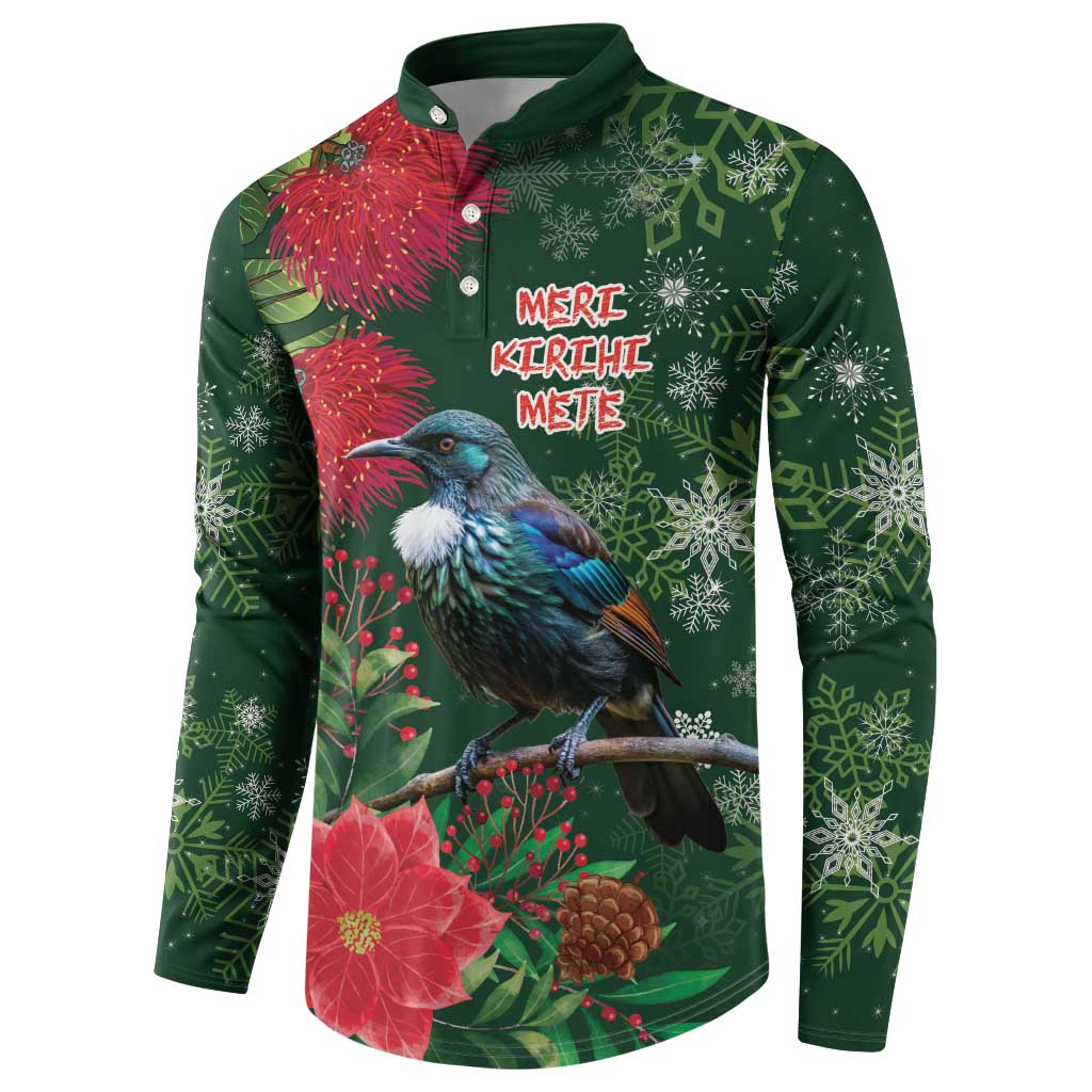Tui Meri Kirihimete Personalised Button Sweatshirt Pohutukawa Flowers Green Motif - Aussie Hoodie