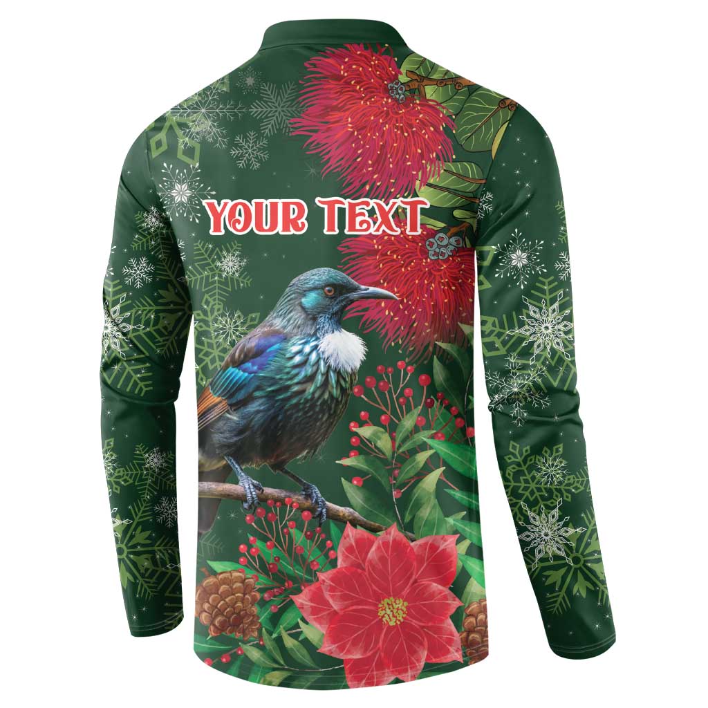 Tui Meri Kirihimete Personalised Button Sweatshirt Pohutukawa Flowers Green Motif - Aussie Hoodie