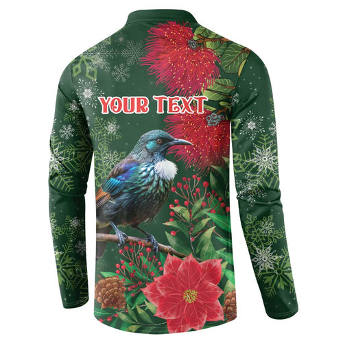 Tui Meri Kirihimete Personalised Button Sweatshirt Pohutukawa Flowers Green Motif - Aussie Hoodie
