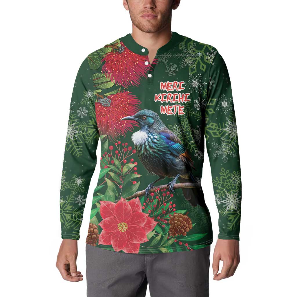 Tui Meri Kirihimete Personalised Button Sweatshirt Pohutukawa Flowers Green Motif - Aussie Hoodie