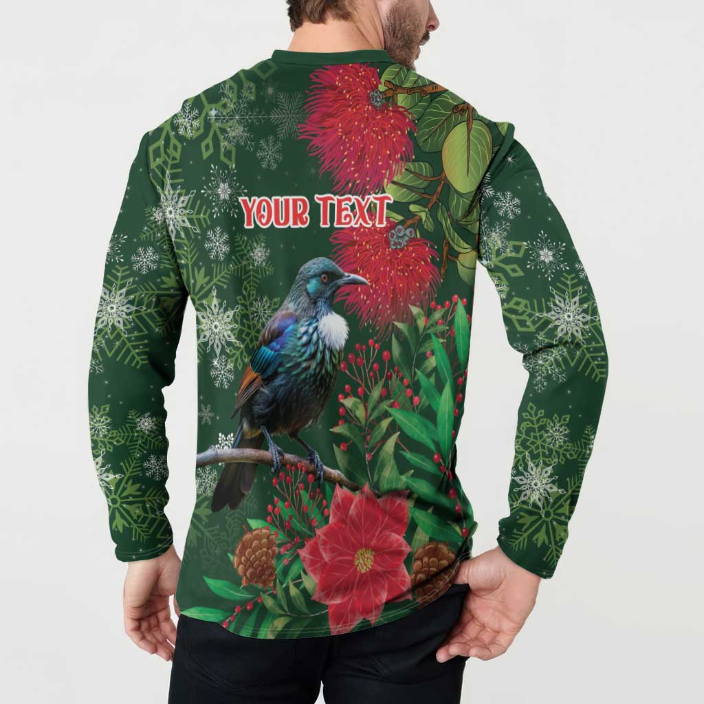 Tui Meri Kirihimete Personalised Button Sweatshirt Pohutukawa Flowers Green Motif - Aussie Hoodie
