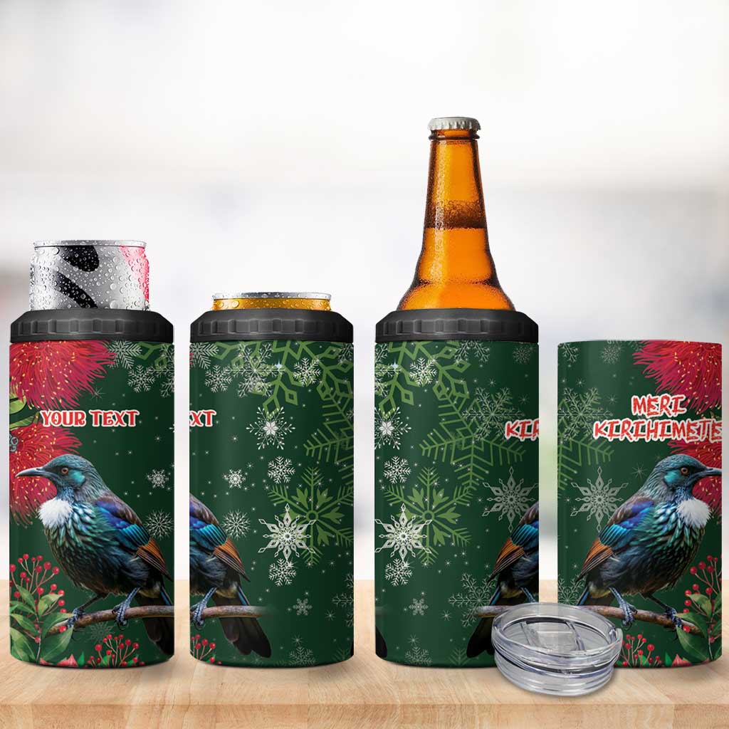 Tui Meri Kirihimete Personalised 4 in 1 Can Cooler Tumbler Pohutukawa Flowers Green Motif - Aussie Hoodie