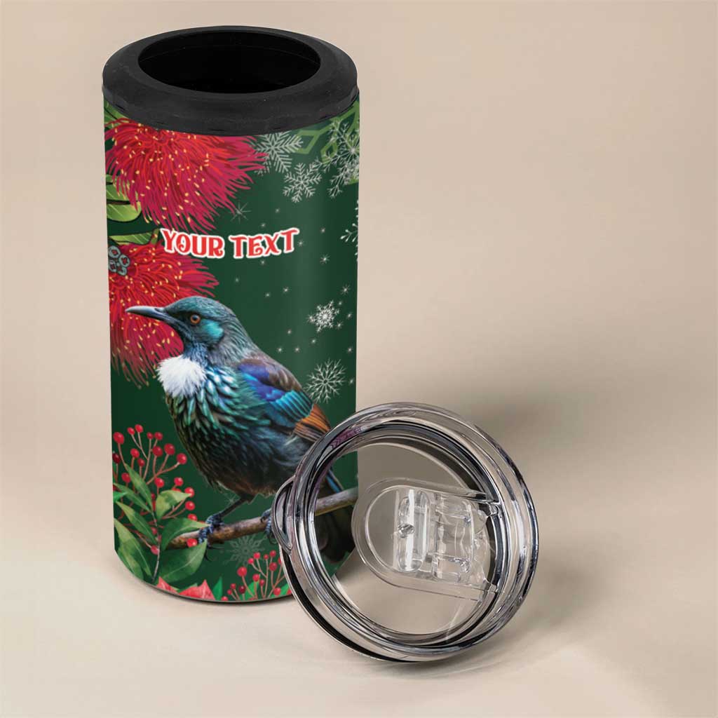 Tui Meri Kirihimete Personalised 4 in 1 Can Cooler Tumbler Pohutukawa Flowers Green Motif - Aussie Hoodie