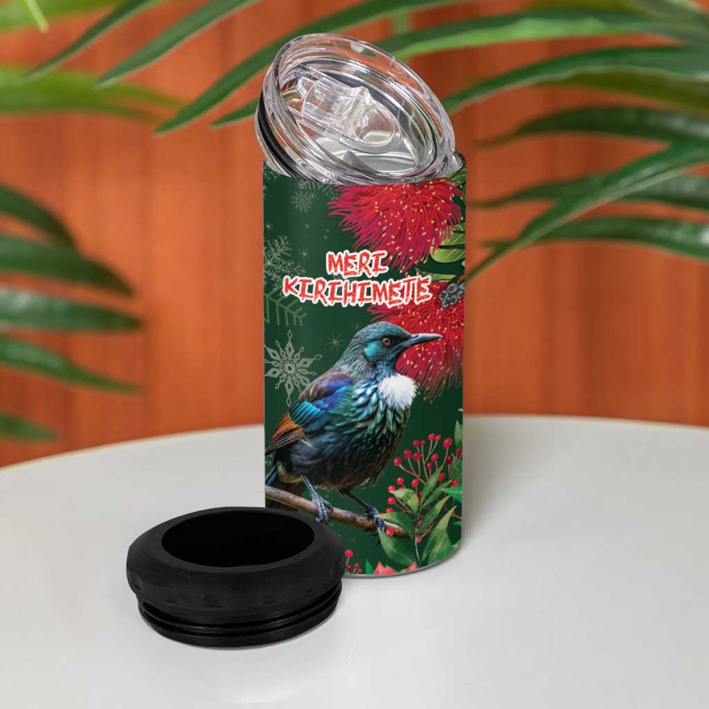 Tui Meri Kirihimete Personalised 4 in 1 Can Cooler Tumbler Pohutukawa Flowers Green Motif - Aussie Hoodie
