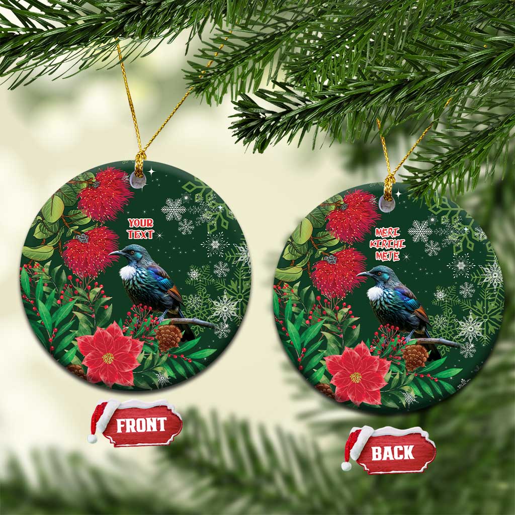 Tui Meri Kirihimete Personalised Ceramic Ornament Pohutukawa Flowers Green Motif - Aussie Hoodie