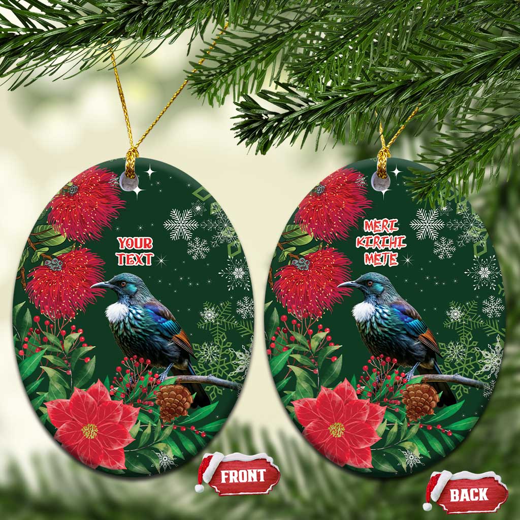 Tui Meri Kirihimete Personalised Ceramic Ornament Pohutukawa Flowers Green Motif - Aussie Hoodie