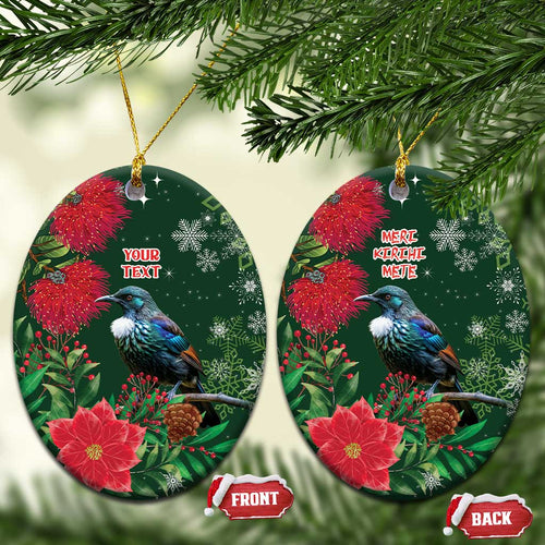 Tui Meri Kirihimete Personalised Ceramic Ornament Pohutukawa Flowers Green Motif - Aussie Hoodie