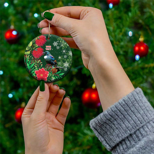 Tui Meri Kirihimete Personalised Ceramic Ornament Pohutukawa Flowers Green Motif - Aussie Hoodie