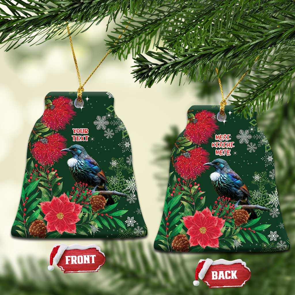 Tui Meri Kirihimete Personalised Ceramic Ornament Pohutukawa Flowers Green Motif - Aussie Hoodie