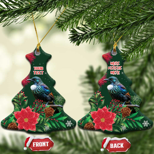 Tui Meri Kirihimete Personalised Ceramic Ornament Pohutukawa Flowers Green Motif - Aussie Hoodie