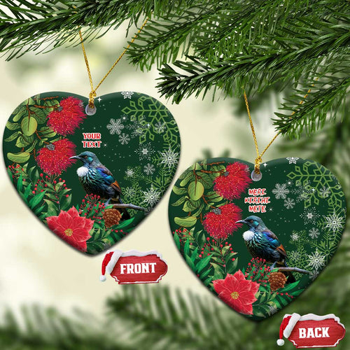 Tui Meri Kirihimete Personalised Ceramic Ornament Pohutukawa Flowers Green Motif - Aussie Hoodie