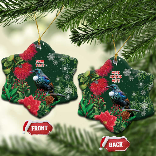 Tui Meri Kirihimete Personalised Ceramic Ornament Pohutukawa Flowers Green Motif - Aussie Hoodie