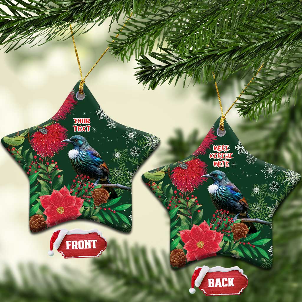 Tui Meri Kirihimete Personalised Ceramic Ornament Pohutukawa Flowers Green Motif - Aussie Hoodie