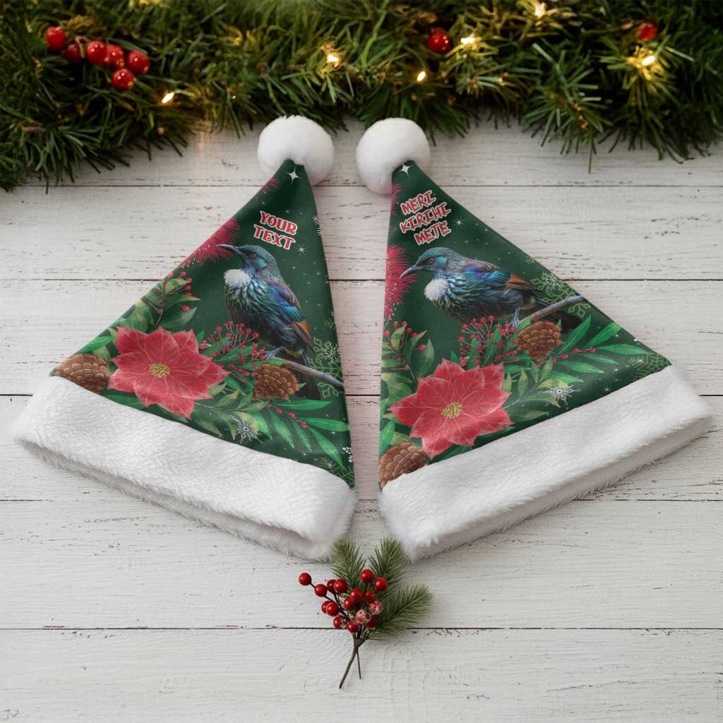 Tui Meri Kirihimete Personalised Christmas Santa Hat Pohutukawa Flowers Green Motif - Aussie Hoodie