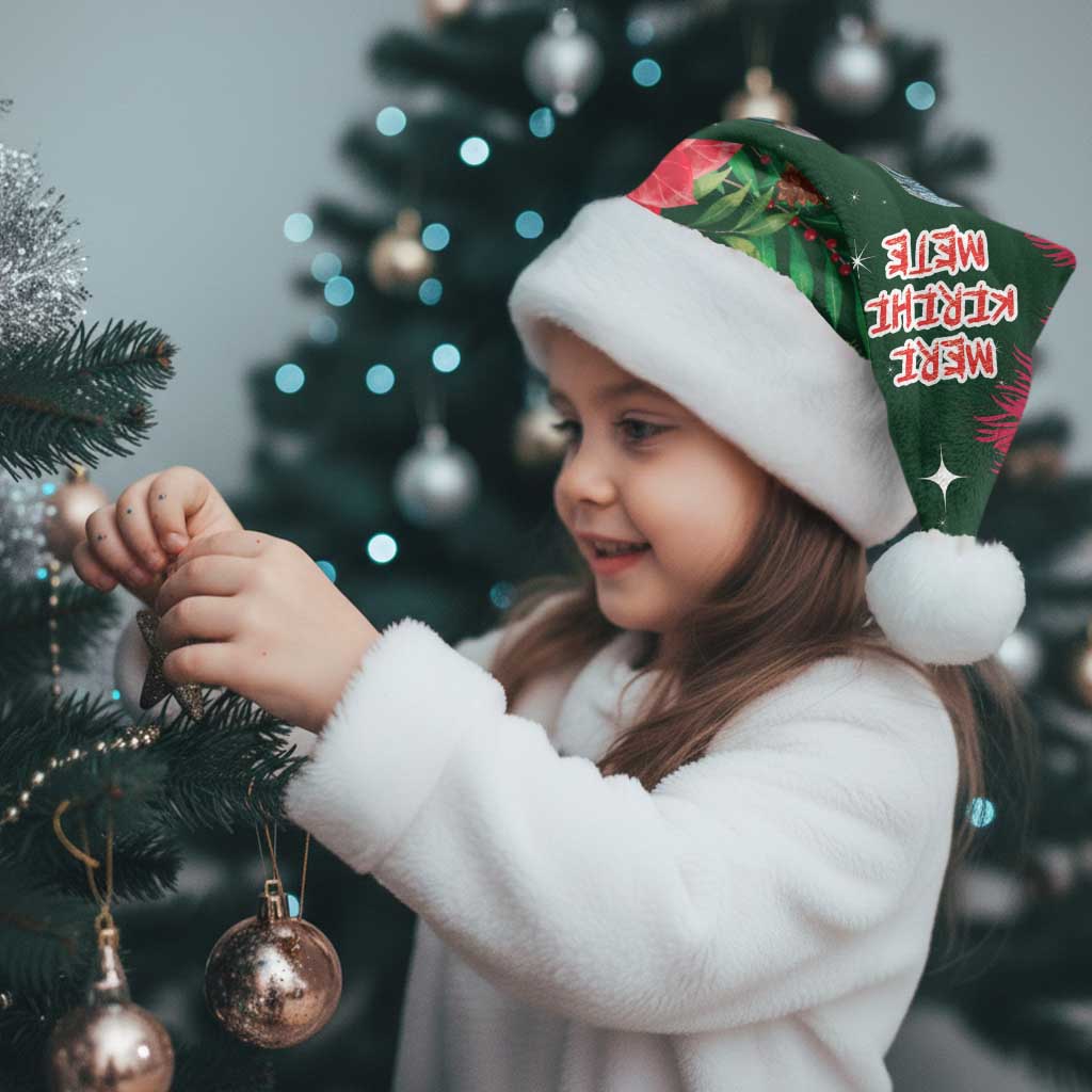 Tui Meri Kirihimete Personalised Christmas Santa Hat Pohutukawa Flowers Green Motif - Aussie Hoodie