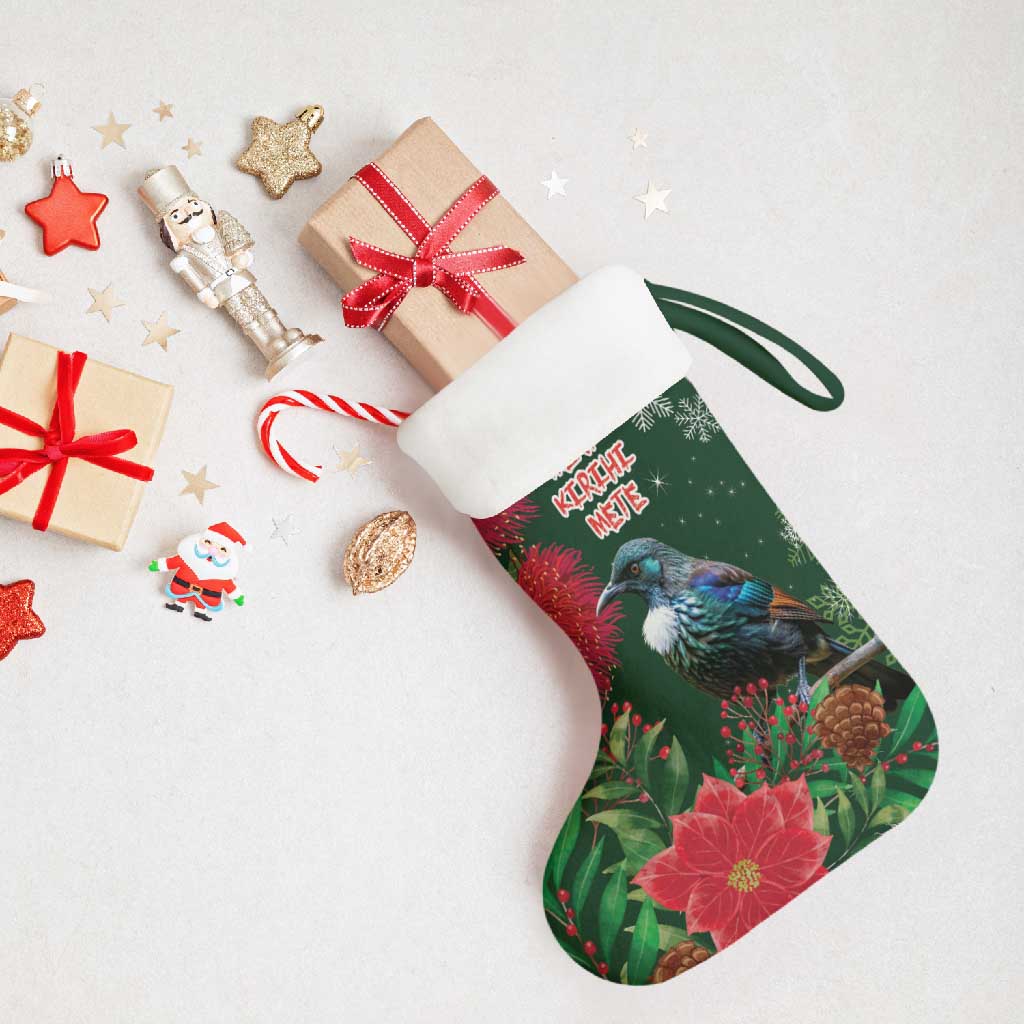 Tui Meri Kirihimete Personalised Christmas Stocking Pohutukawa Flowers Green Motif - Aussie Hoodie