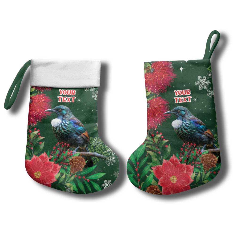 Tui Meri Kirihimete Personalised Christmas Stocking Pohutukawa Flowers Green Motif - Aussie Hoodie