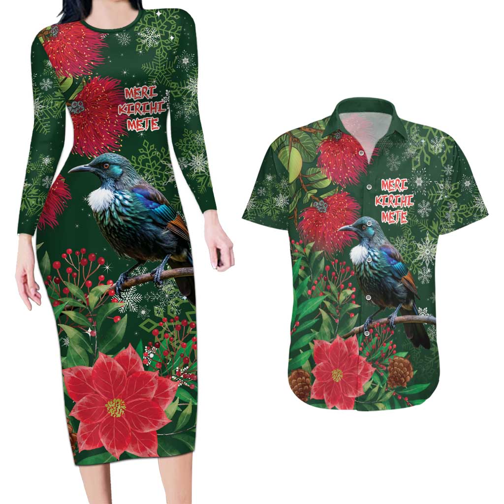Tui Meri Kirihimete Personalised Couples Matching Long Sleeve Bodycon Dress and Hawaiian Shirt Pohutukawa Flowers Green Motif - Aussie Hoodie