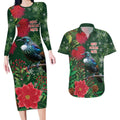 Tui Meri Kirihimete Personalised Couples Matching Long Sleeve Bodycon Dress and Hawaiian Shirt Pohutukawa Flowers Green Motif - Aussie Hoodie