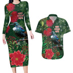 Tui Meri Kirihimete Personalised Couples Matching Long Sleeve Bodycon Dress and Hawaiian Shirt Pohutukawa Flowers Green Motif - Aussie Hoodie