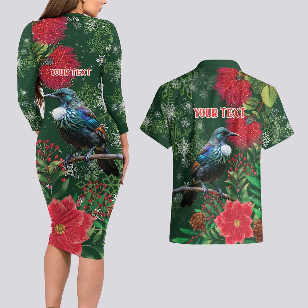Tui Meri Kirihimete Personalised Couples Matching Long Sleeve Bodycon Dress and Hawaiian Shirt Pohutukawa Flowers Green Motif - Aussie Hoodie