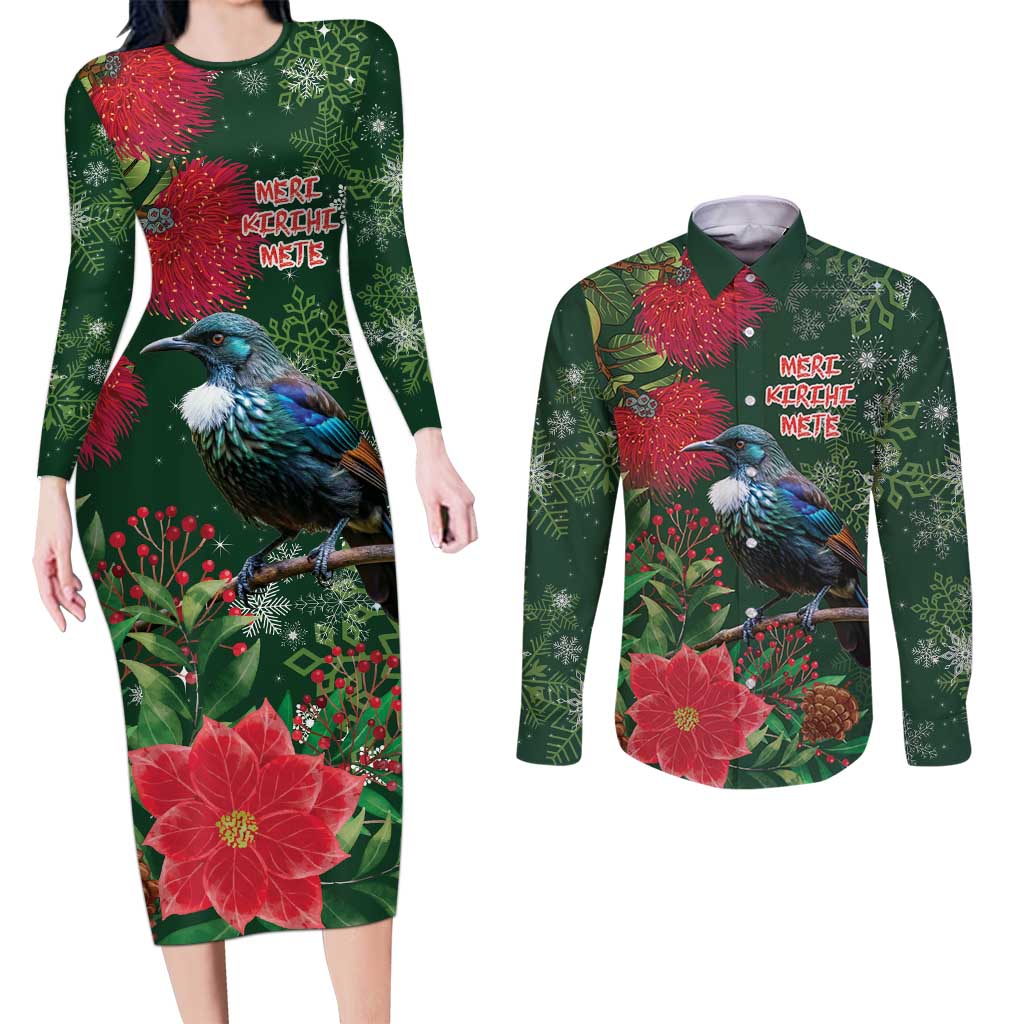 Tui Meri Kirihimete Personalised Couples Matching Long Sleeve Bodycon Dress and Long Sleeve Button Shirt Pohutukawa Flowers Green Motif - Aussie Hoodie