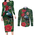 Tui Meri Kirihimete Personalised Couples Matching Long Sleeve Bodycon Dress and Long Sleeve Button Shirt Pohutukawa Flowers Green Motif - Aussie Hoodie