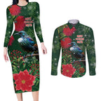 Tui Meri Kirihimete Personalised Couples Matching Long Sleeve Bodycon Dress and Long Sleeve Button Shirt Pohutukawa Flowers Green Motif - Aussie Hoodie
